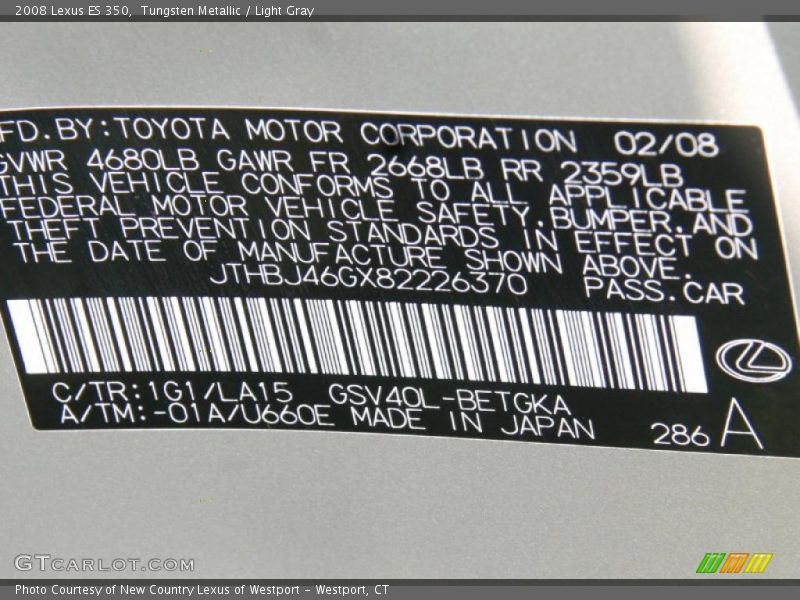Tungsten Metallic / Light Gray 2008 Lexus ES 350