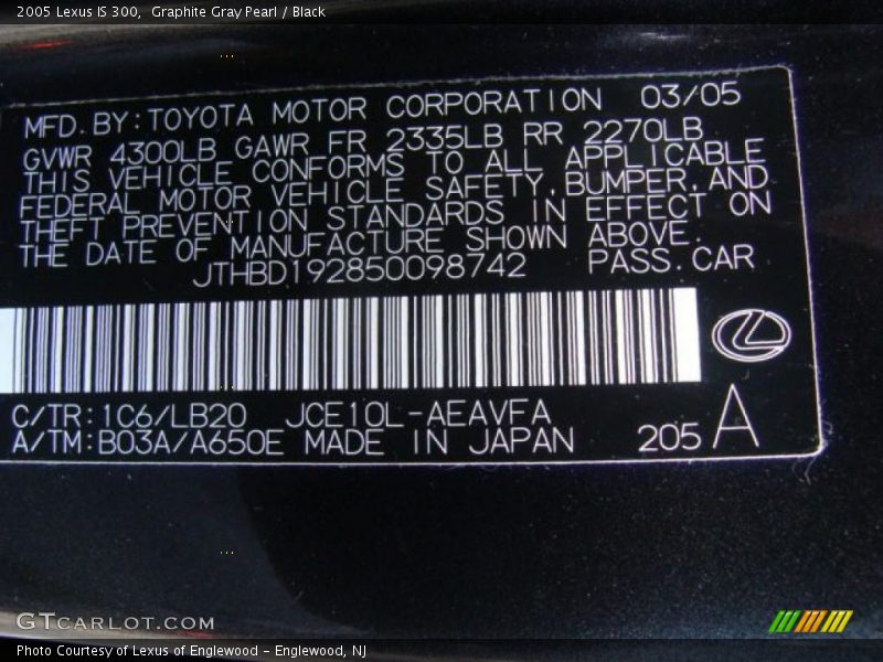 Graphite Gray Pearl / Black 2005 Lexus IS 300