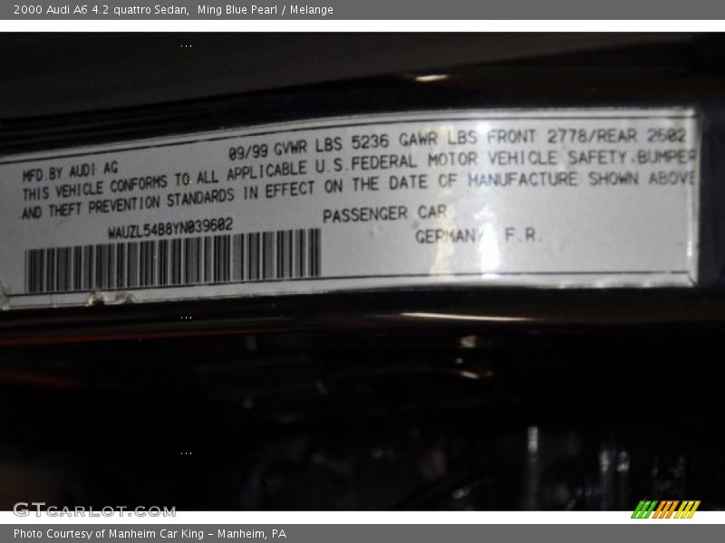 Ming Blue Pearl / Melange 2000 Audi A6 4.2 quattro Sedan