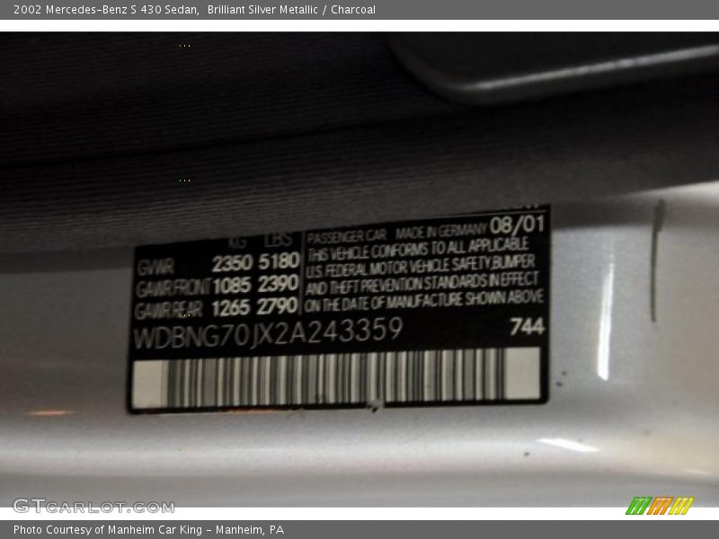 Brilliant Silver Metallic / Charcoal 2002 Mercedes-Benz S 430 Sedan