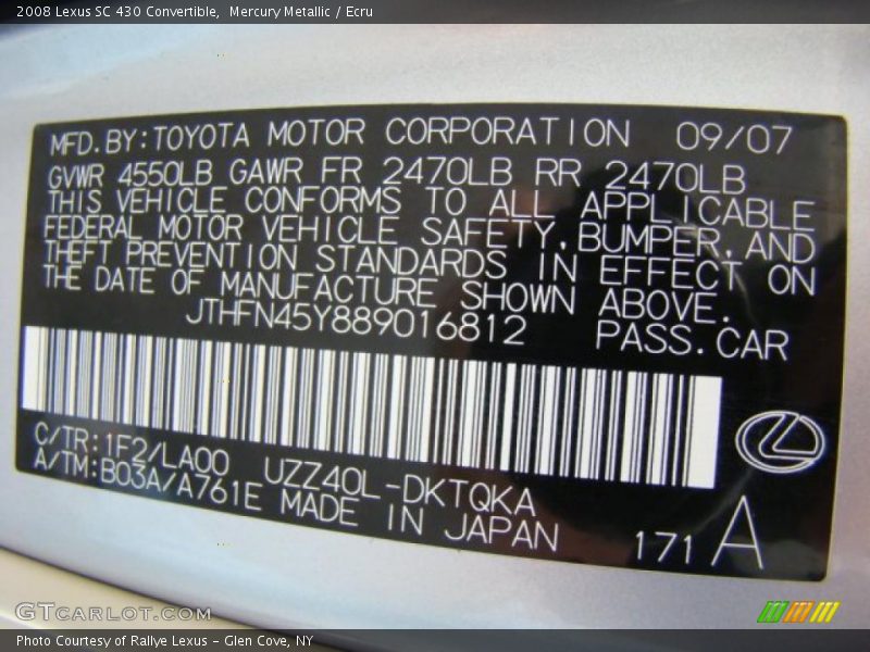 2008 SC 430 Convertible Mercury Metallic Color Code 1F2