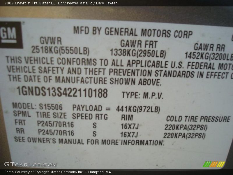 Light Pewter Metallic / Dark Pewter 2002 Chevrolet TrailBlazer LS