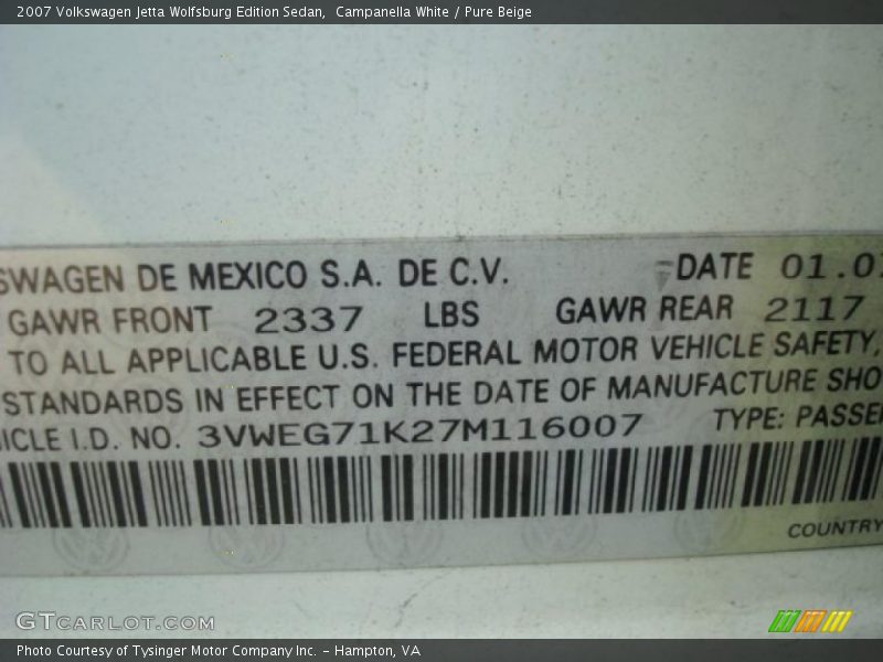 Campanella White / Pure Beige 2007 Volkswagen Jetta Wolfsburg Edition Sedan