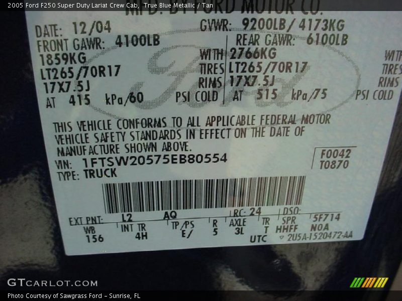 2005 F250 Super Duty Lariat Crew Cab True Blue Metallic Color Code L2