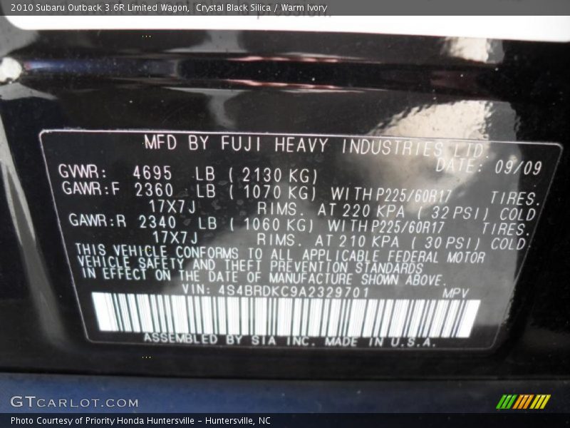 Crystal Black Silica / Warm Ivory 2010 Subaru Outback 3.6R Limited Wagon