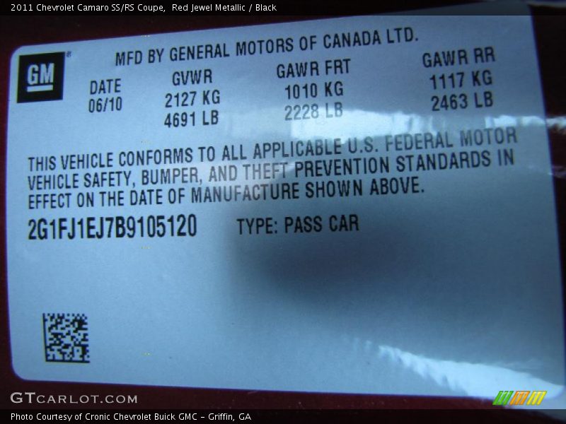 Info Tag of 2011 Camaro SS/RS Coupe