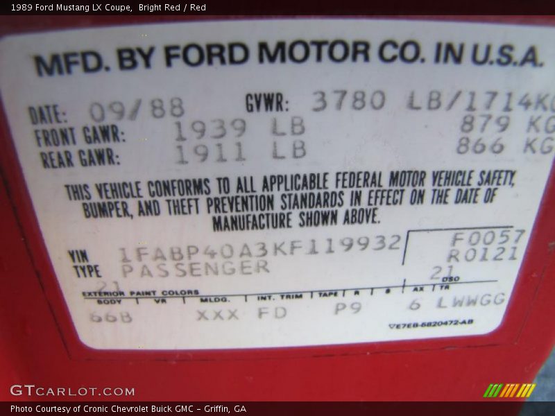 1989 Mustang LX Coupe Bright Red Color Code 21