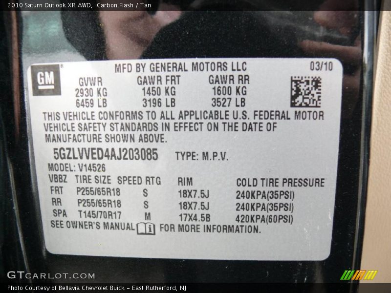 Info Tag of 2010 Outlook XR AWD