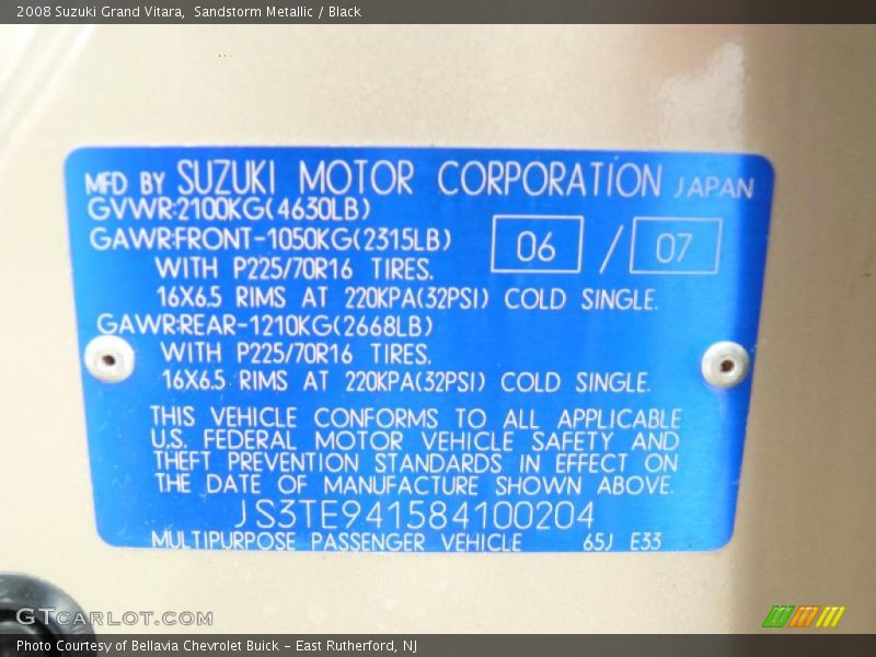 Sandstorm Metallic / Black 2008 Suzuki Grand Vitara