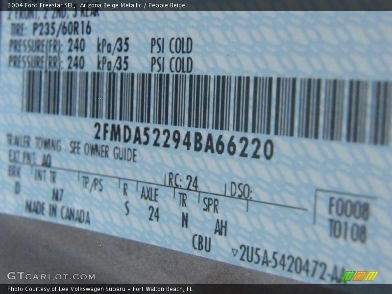 2004 Freestar SEL Arizona Beige Metallic Color Code AQ