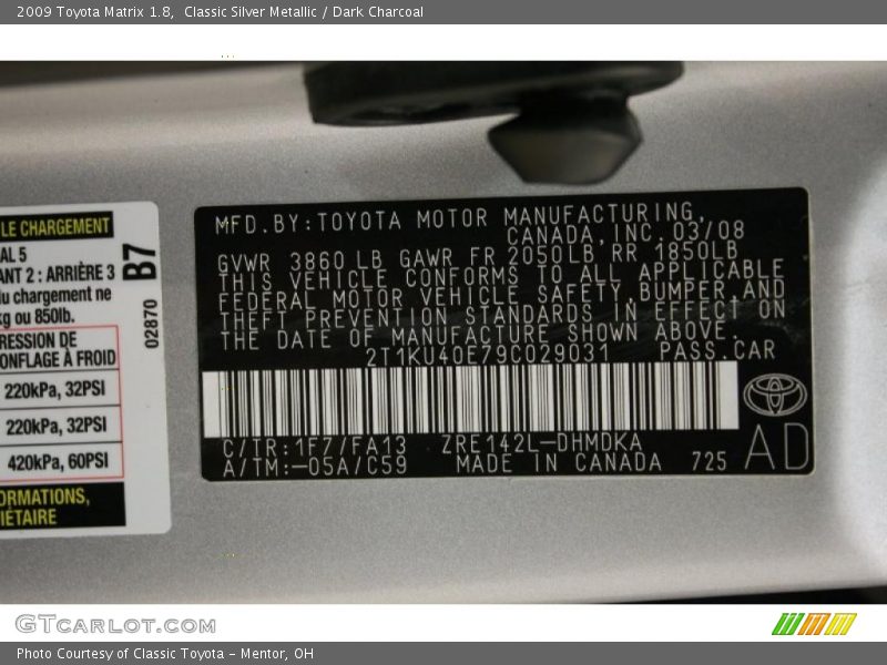 Classic Silver Metallic / Dark Charcoal 2009 Toyota Matrix 1.8