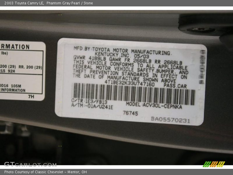 Phantom Gray Pearl / Stone 2003 Toyota Camry LE