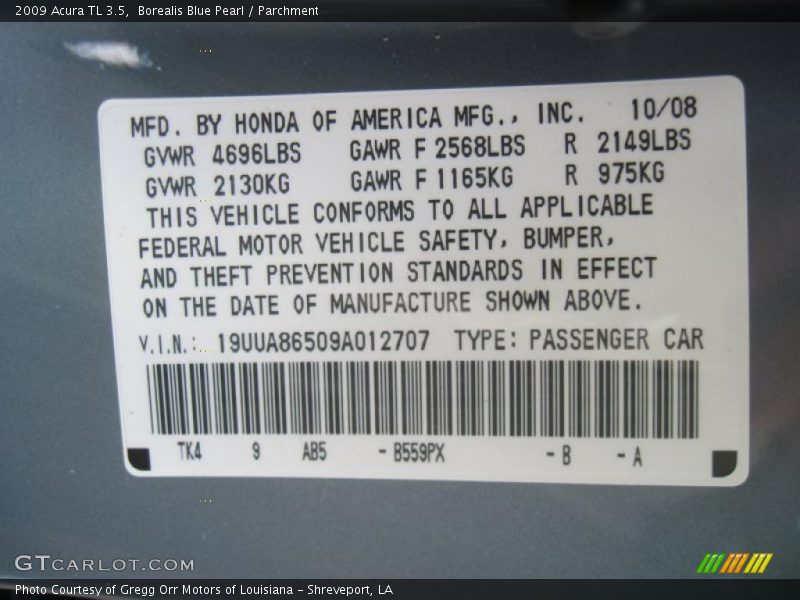 Borealis Blue Pearl / Parchment 2009 Acura TL 3.5
