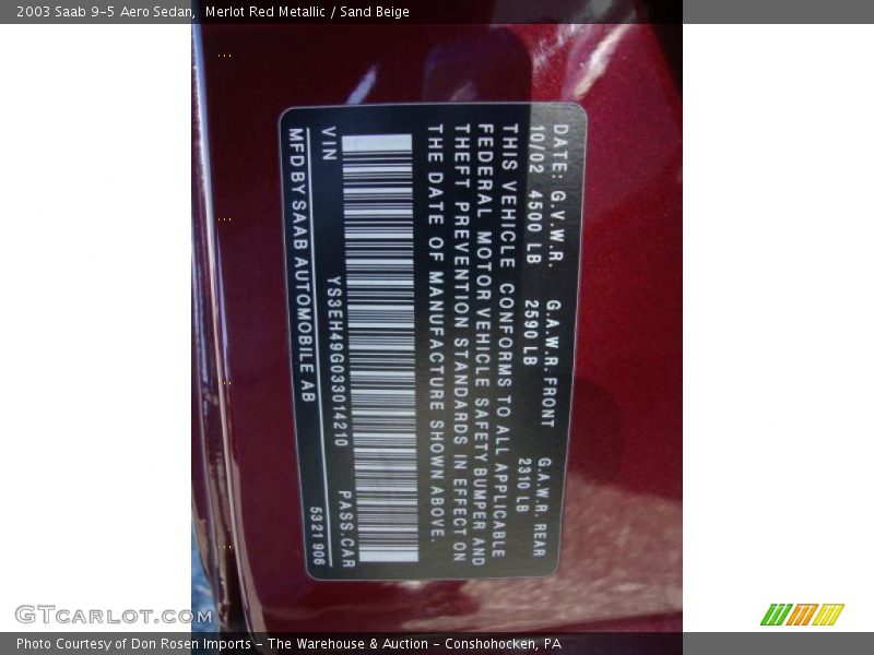 Info Tag of 2003 9-5 Aero Sedan