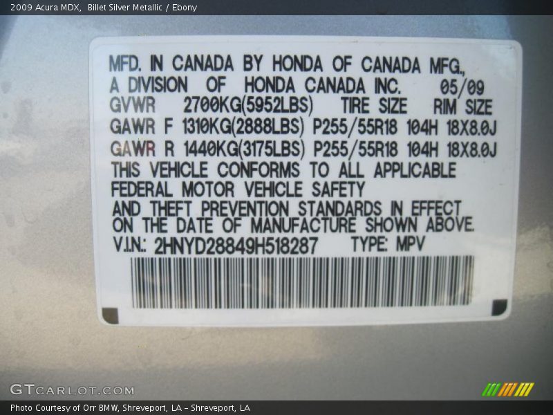 Info Tag of 2009 MDX 