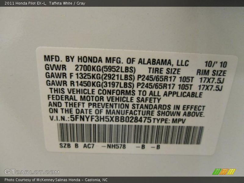 Taffeta White / Gray 2011 Honda Pilot EX-L