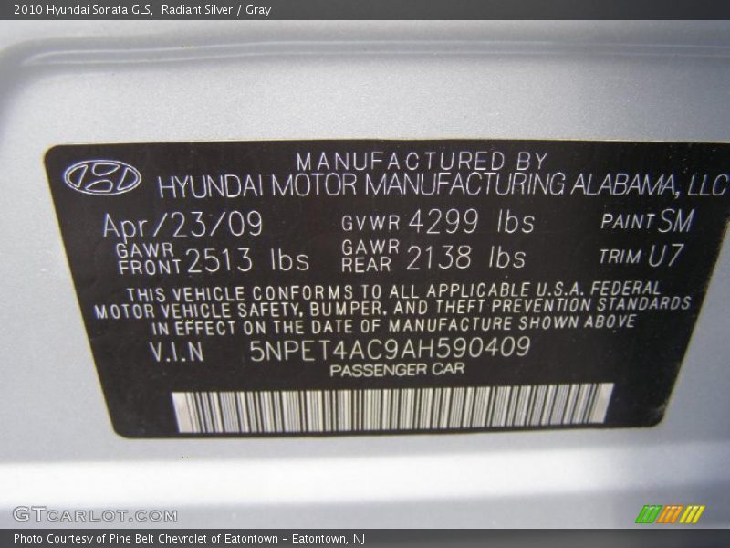 Radiant Silver / Gray 2010 Hyundai Sonata GLS