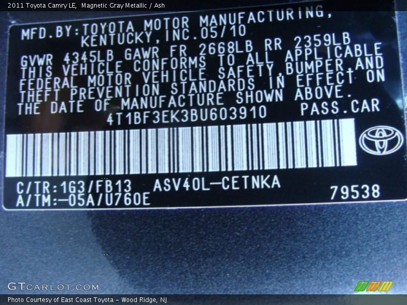 Magnetic Gray Metallic / Ash 2011 Toyota Camry LE