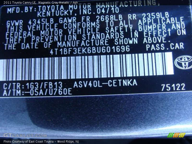 Magnetic Gray Metallic / Ash 2011 Toyota Camry LE