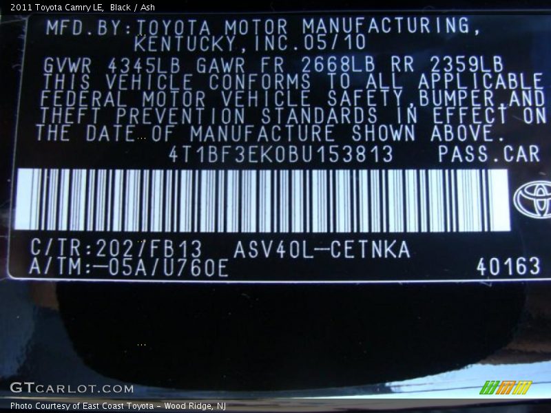 Black / Ash 2011 Toyota Camry LE
