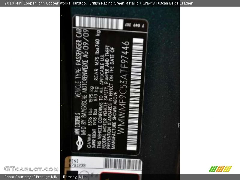 British Racing Green Metallic / Gravity Tuscan Beige Leather 2010 Mini Cooper John Cooper Works Hardtop