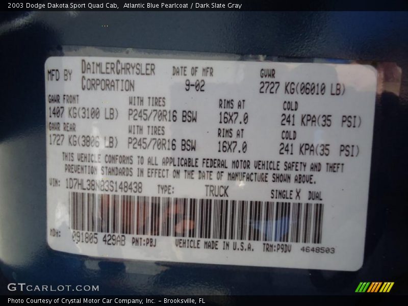 2003 Dakota Sport Quad Cab Atlantic Blue Pearlcoat Color Code PBJ