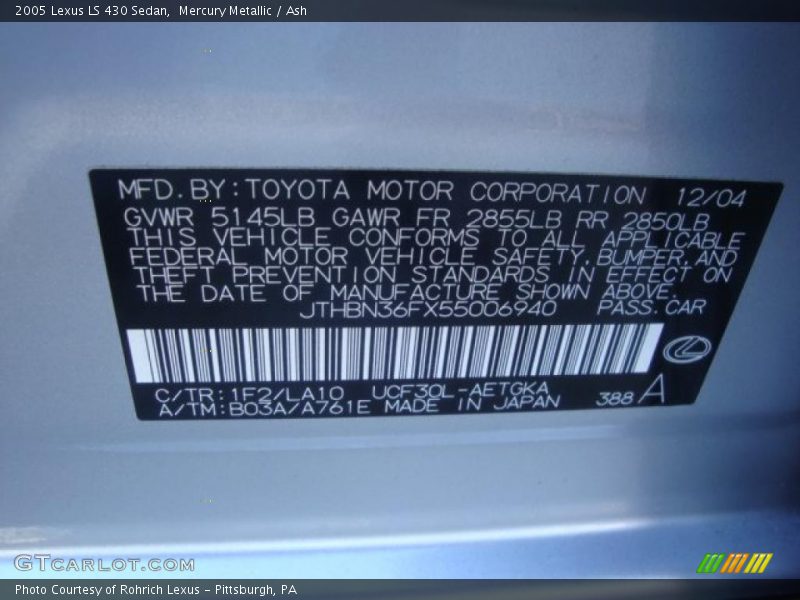 Mercury Metallic / Ash 2005 Lexus LS 430 Sedan