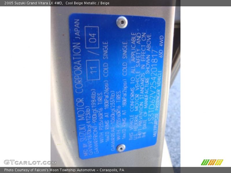 Info Tag of 2005 Grand Vitara LX 4WD