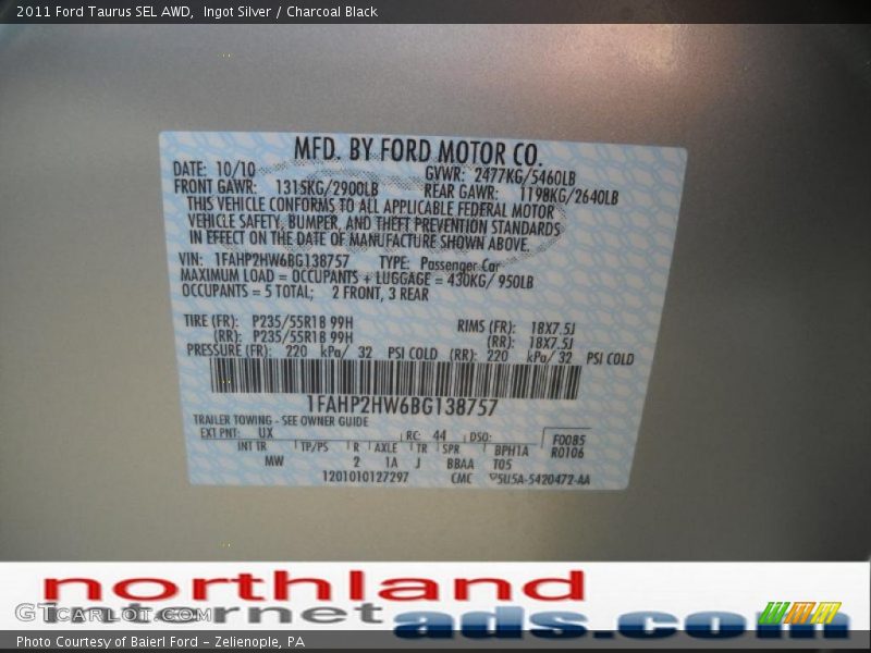 Ingot Silver / Charcoal Black 2011 Ford Taurus SEL AWD