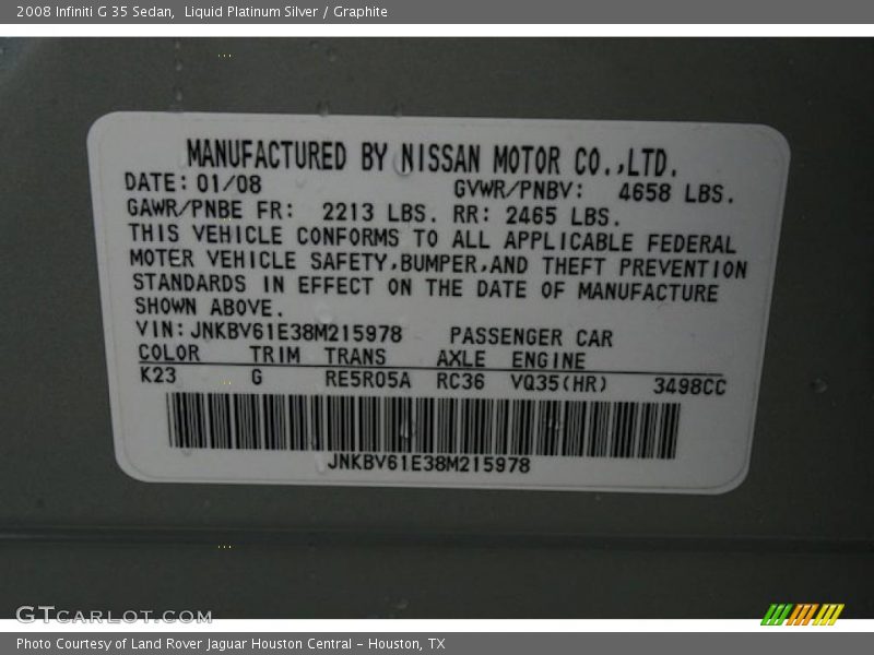 Liquid Platinum Silver / Graphite 2008 Infiniti G 35 Sedan