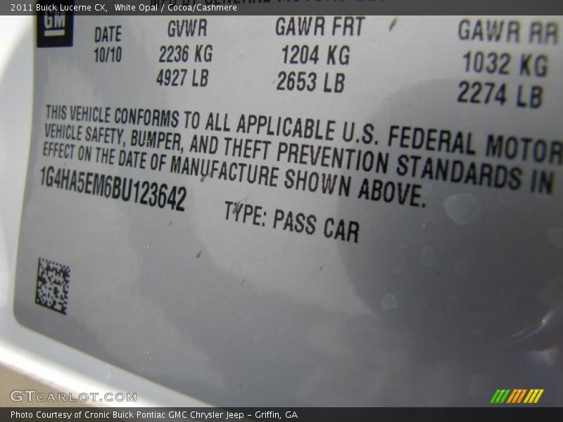 Info Tag of 2011 Lucerne CX