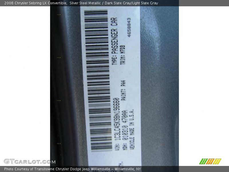 Silver Steel Metallic / Dark Slate Gray/Light Slate Gray 2008 Chrysler Sebring LX Convertible