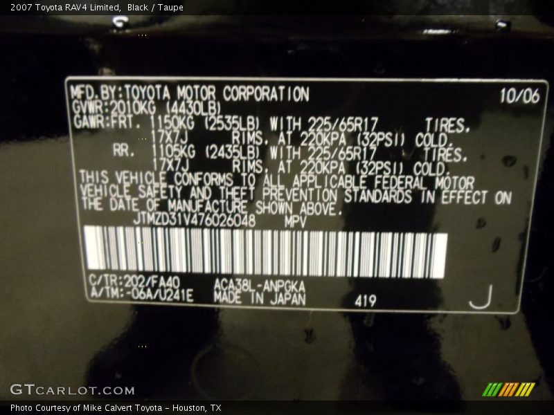 2007 RAV4 Limited Black Color Code 202