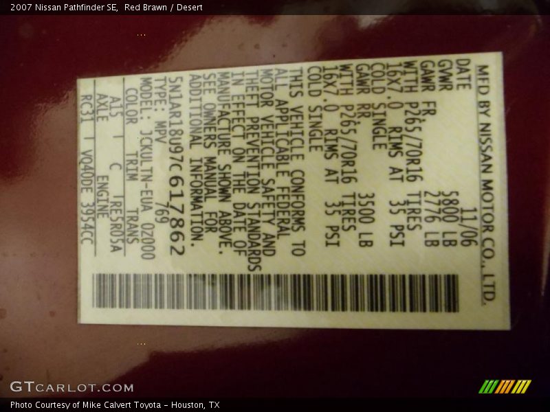 2007 Pathfinder SE Red Brawn Color Code A15