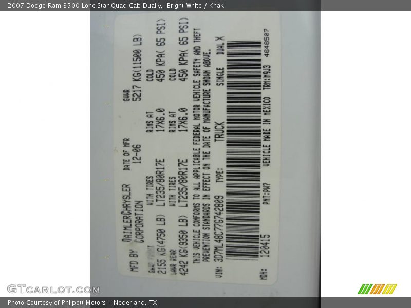 2007 Ram 3500 Lone Star Quad Cab Dually Bright White Color Code PW7