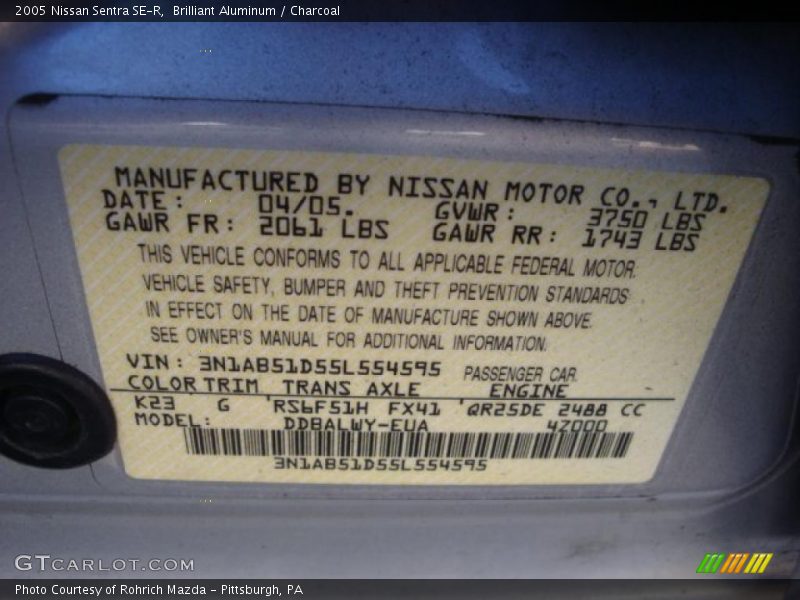 2005 Sentra SE-R Brilliant Aluminum Color Code K23