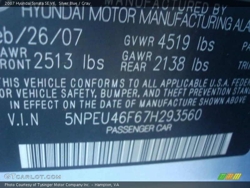 Silver Blue / Gray 2007 Hyundai Sonata SE V6