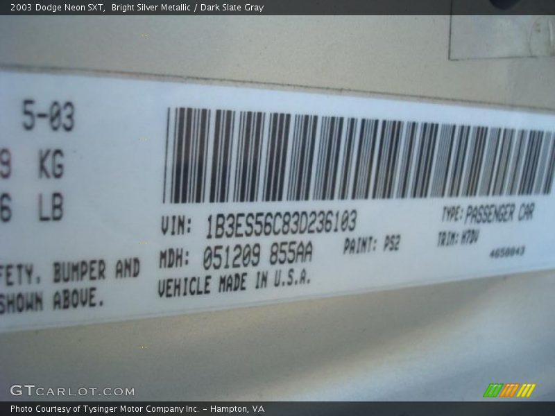 Bright Silver Metallic / Dark Slate Gray 2003 Dodge Neon SXT