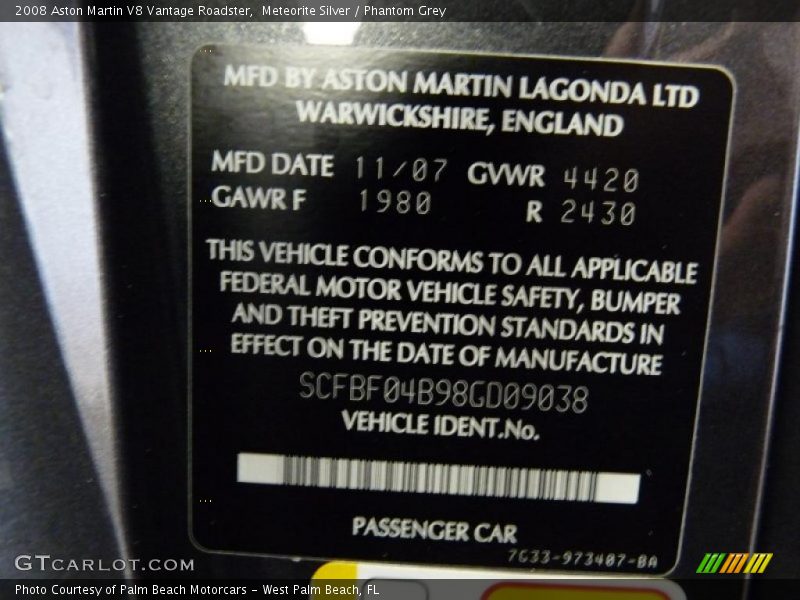 Info Tag of 2008 V8 Vantage Roadster