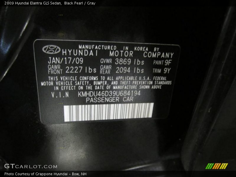 Black Pearl / Gray 2009 Hyundai Elantra GLS Sedan