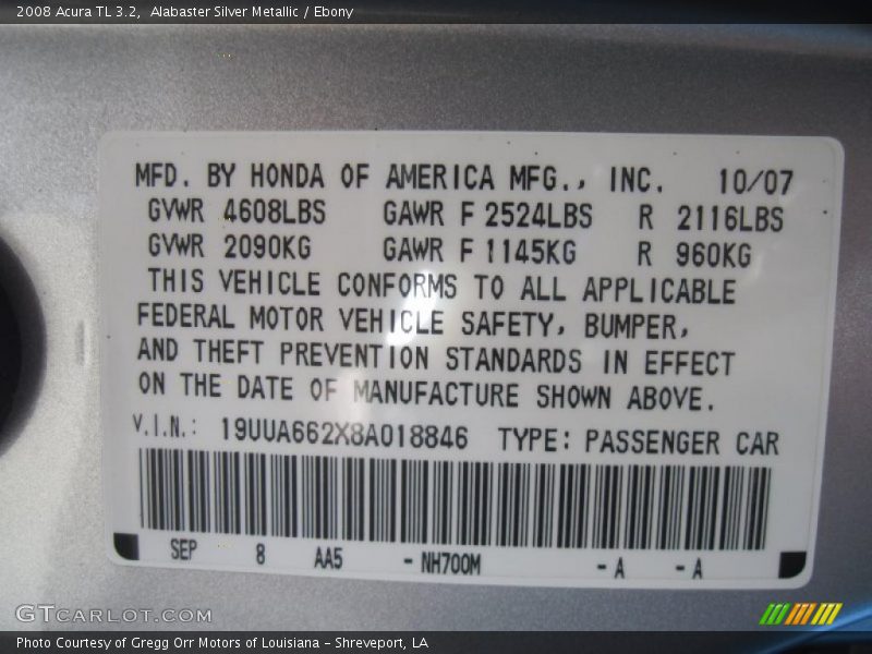 Alabaster Silver Metallic / Ebony 2008 Acura TL 3.2