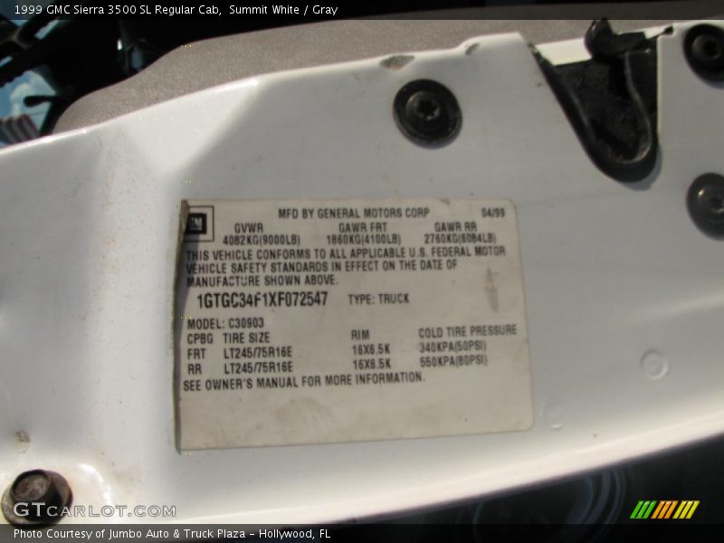 Summit White / Gray 1999 GMC Sierra 3500 SL Regular Cab