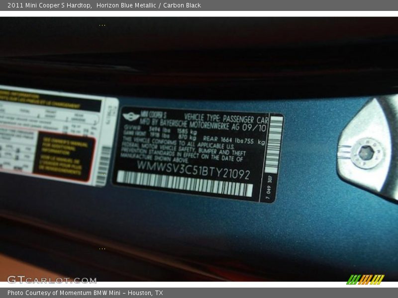 Horizon Blue Metallic / Carbon Black 2011 Mini Cooper S Hardtop
