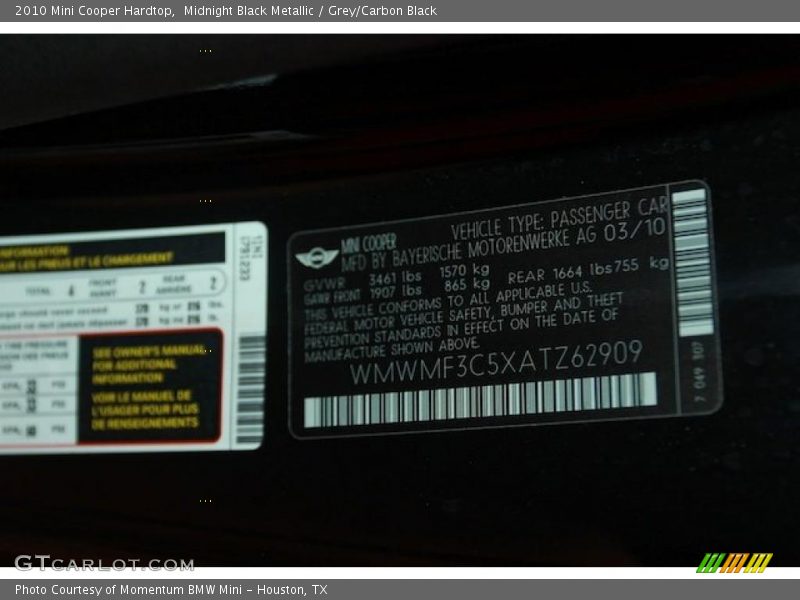 Midnight Black Metallic / Grey/Carbon Black 2010 Mini Cooper Hardtop