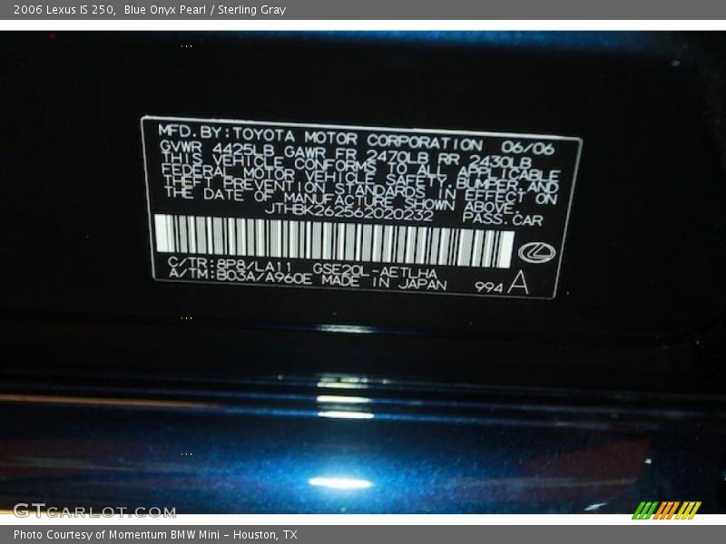 Blue Onyx Pearl / Sterling Gray 2006 Lexus IS 250