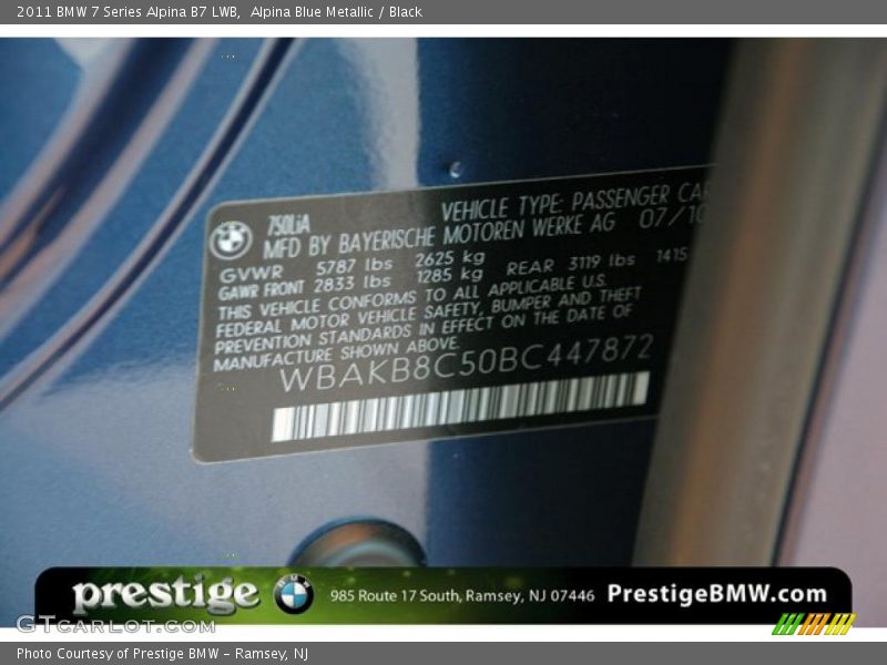 Alpina Blue Metallic / Black 2011 BMW 7 Series Alpina B7 LWB