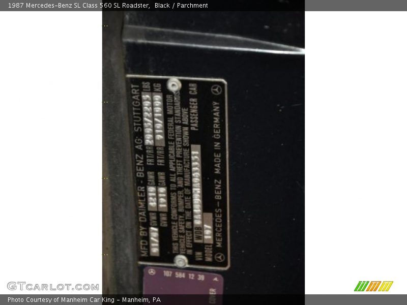 Info Tag of 1987 SL Class 560 SL Roadster