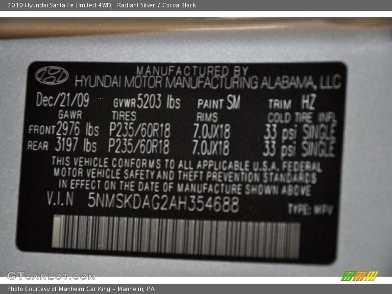 2010 Santa Fe Limited 4WD Radiant Silver Color Code SM