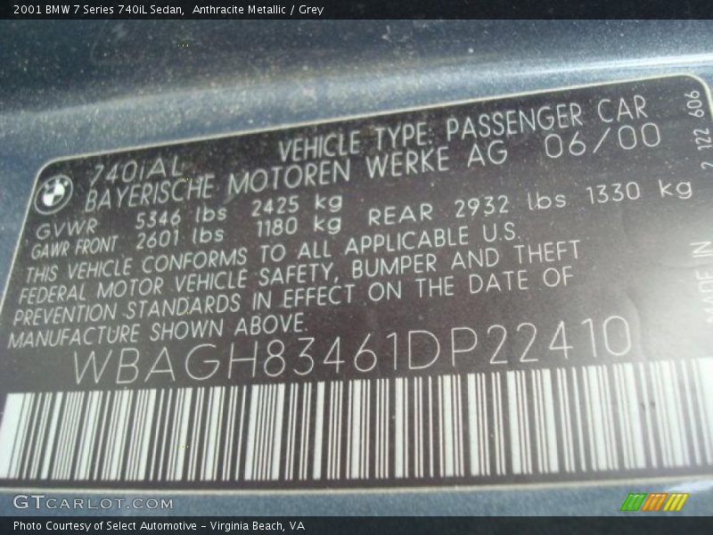 Anthracite Metallic / Grey 2001 BMW 7 Series 740iL Sedan
