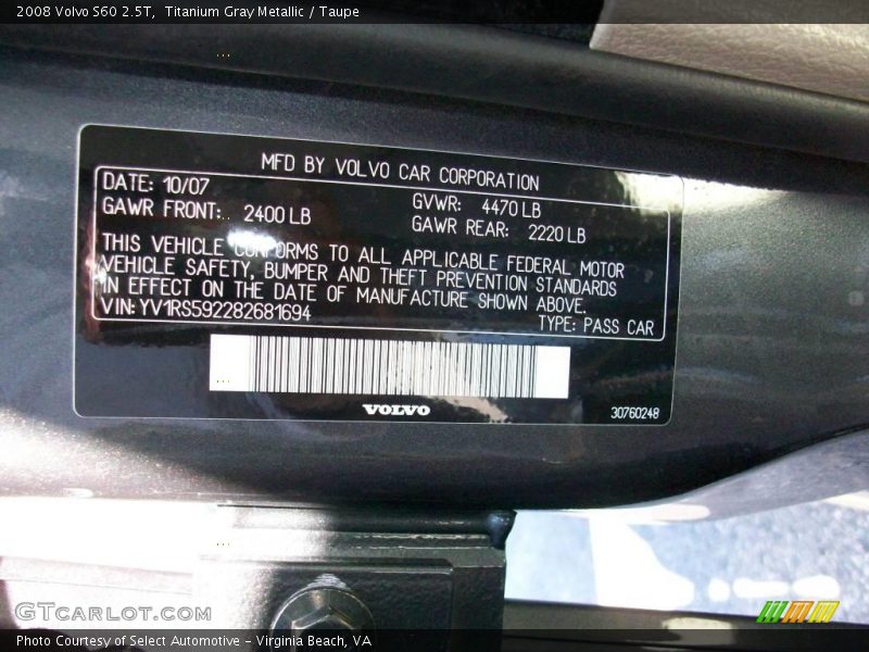 Titanium Gray Metallic / Taupe 2008 Volvo S60 2.5T